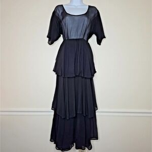 Vintage Sheer Tiered Maxi Dress Sz S Black Distressed Chiffon Witchy‎ Whimsigoth